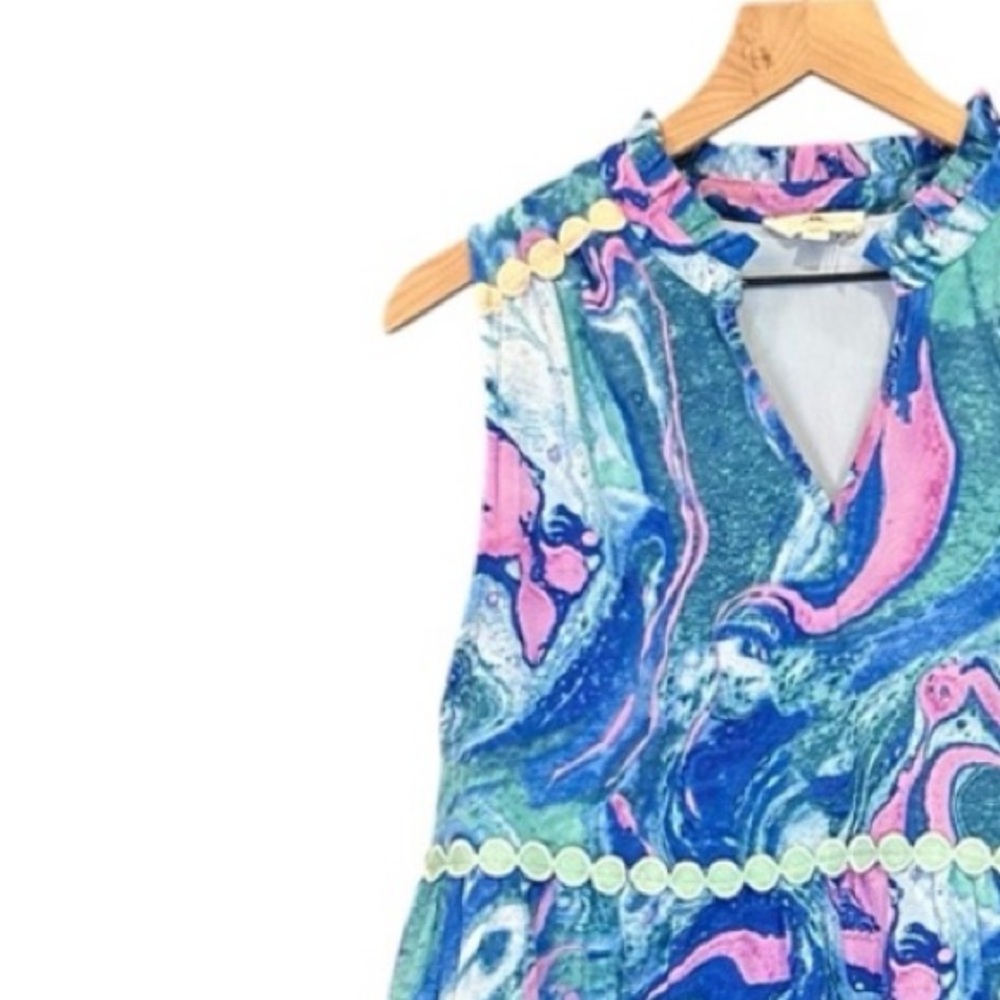 Entro Sleeveless V-Neck Ribbon Detail Tiered Swirl Pattern Dress Size Large - Picture 7 of 11